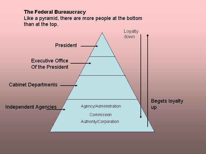 The Federal Bureaucracy Like a pyramid, there are more people at the bottom than