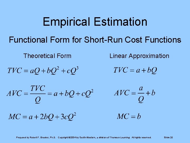 Empirical Estimation Functional Form for Short-Run Cost Functions Theoretical Form Linear Approximation Prepared by