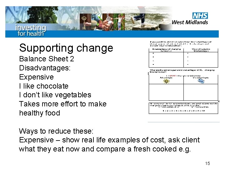 Supporting change Balance Sheet 2 Disadvantages: Expensive I like chocolate I don’t like vegetables