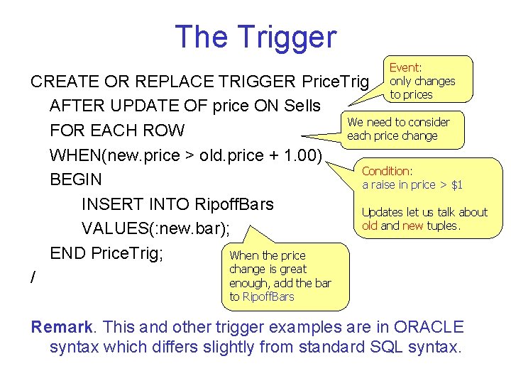 The Trigger Event: only changes to prices CREATE OR REPLACE TRIGGER Price. Trig AFTER