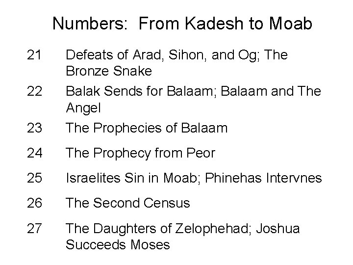 Numbers: From Kadesh to Moab 21 23 Defeats of Arad, Sihon, and Og; The