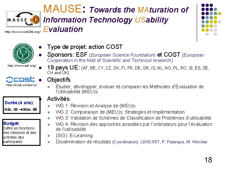 MAUSE: Towards the MAturation of http: //www. cost 294. org/ l l Information Technology