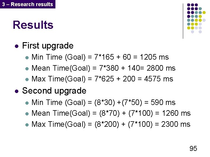 3 – Research results Results l First upgrade l l Min Time (Goal) =