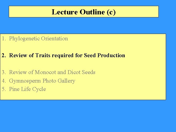 Lecture Outline (c) 1. Phylogenetic Orientation 2. Review of Traits required for Seed Production
