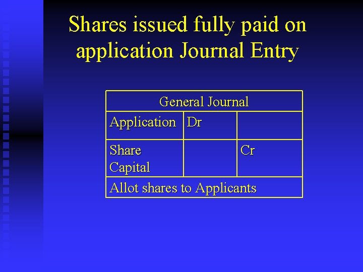 Shares issued fully paid on application Journal Entry General Journal Application Dr Share Cr