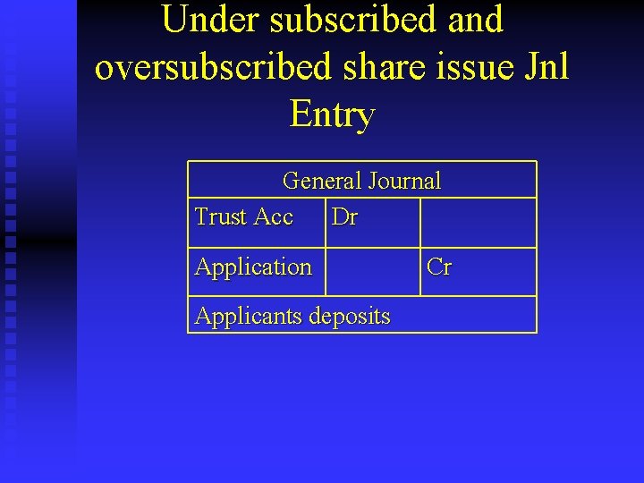 Under subscribed and oversubscribed share issue Jnl Entry General Journal Trust Acc Dr Application