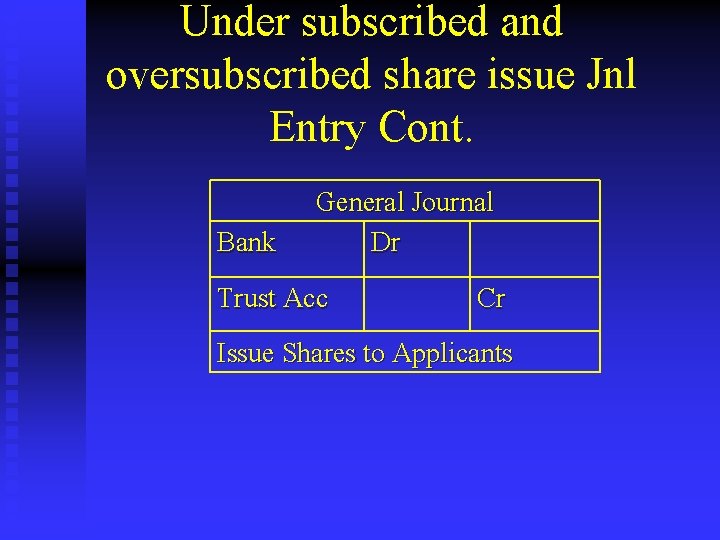 Under subscribed and oversubscribed share issue Jnl Entry Cont. Bank General Journal Dr Trust