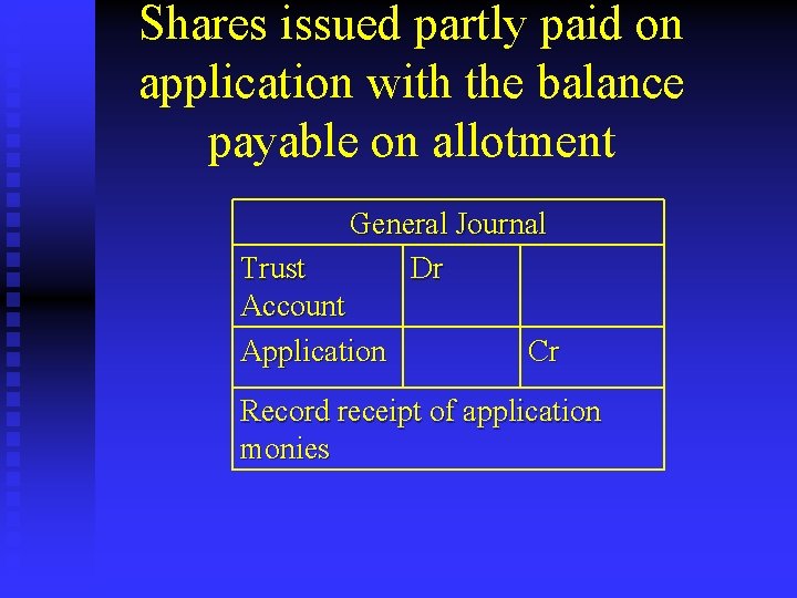 Shares issued partly paid on application with the balance payable on allotment General Journal