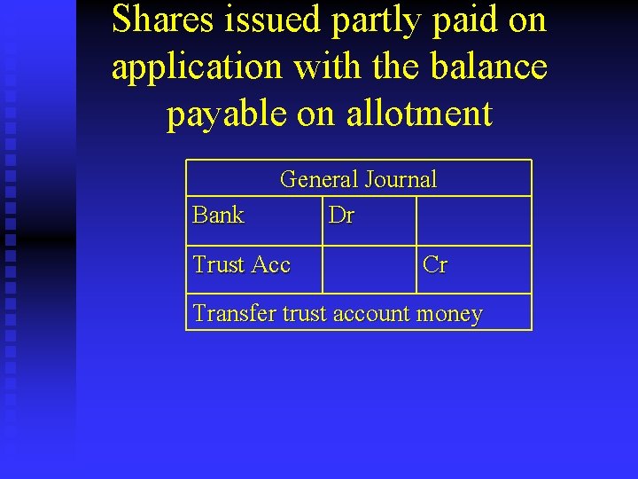 Shares issued partly paid on application with the balance payable on allotment Bank General