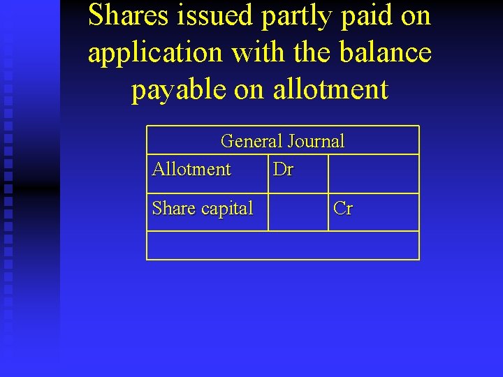 Shares issued partly paid on application with the balance payable on allotment General Journal