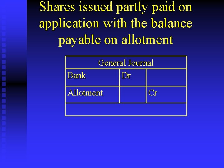 Shares issued partly paid on application with the balance payable on allotment Bank General