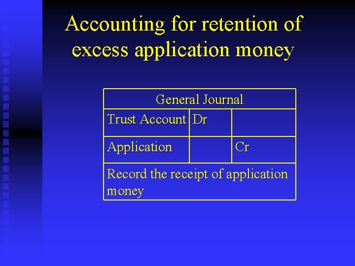 Accounting for retention of excess application money General Journal Trust Account Dr Application Cr