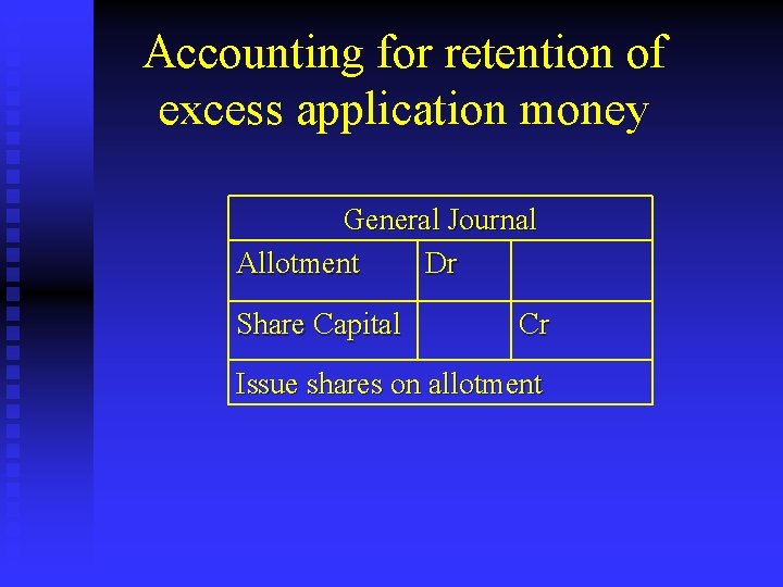 Accounting for retention of excess application money General Journal Allotment Dr Share Capital Cr