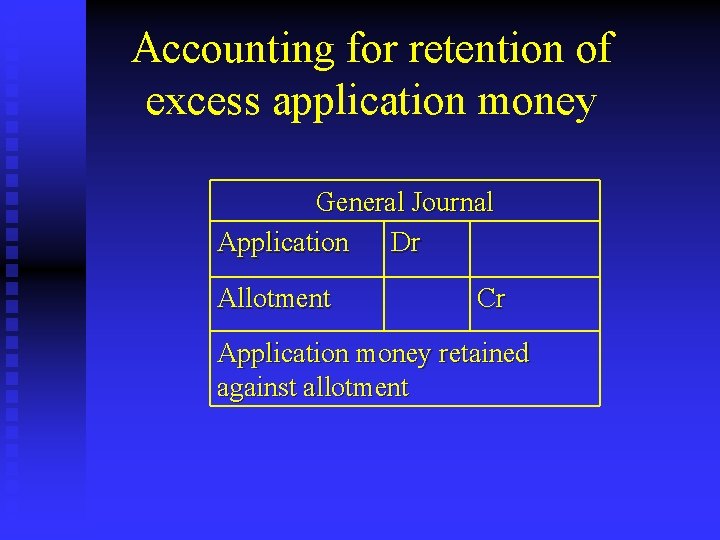 Accounting for retention of excess application money General Journal Application Dr Allotment Cr Application