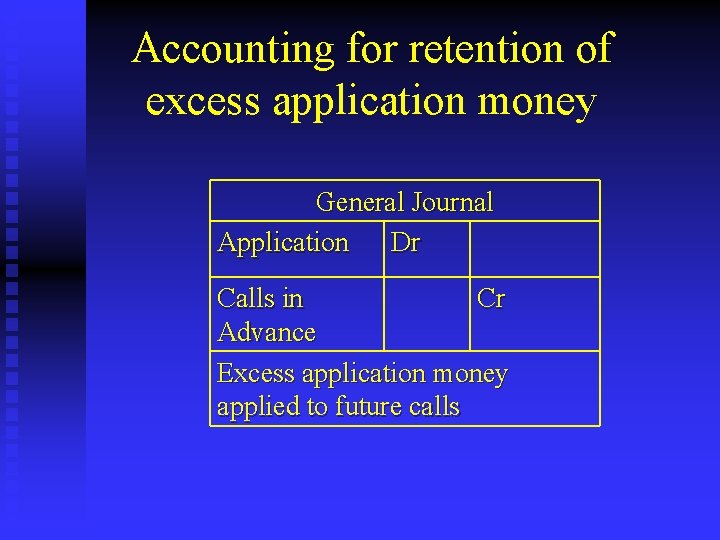 Accounting for retention of excess application money General Journal Application Dr Calls in Cr