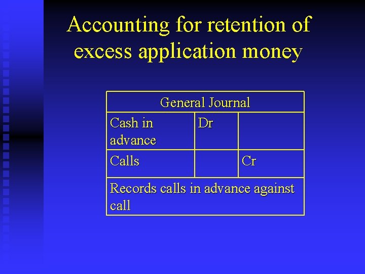 Accounting for retention of excess application money General Journal Cash in Dr advance Calls