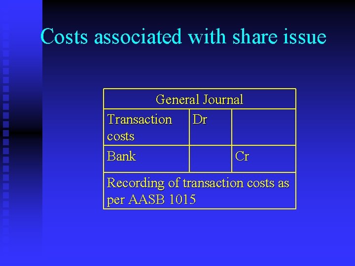 Costs associated with share issue General Journal Transaction Dr costs Bank Cr Recording of