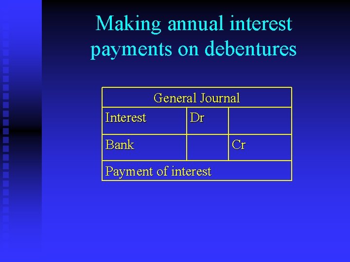 Making annual interest payments on debentures General Journal Interest Dr Bank Payment of interest