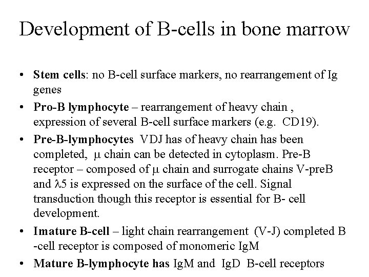 Development of B-cells in bone marrow • Stem cells: no B-cell surface markers, no