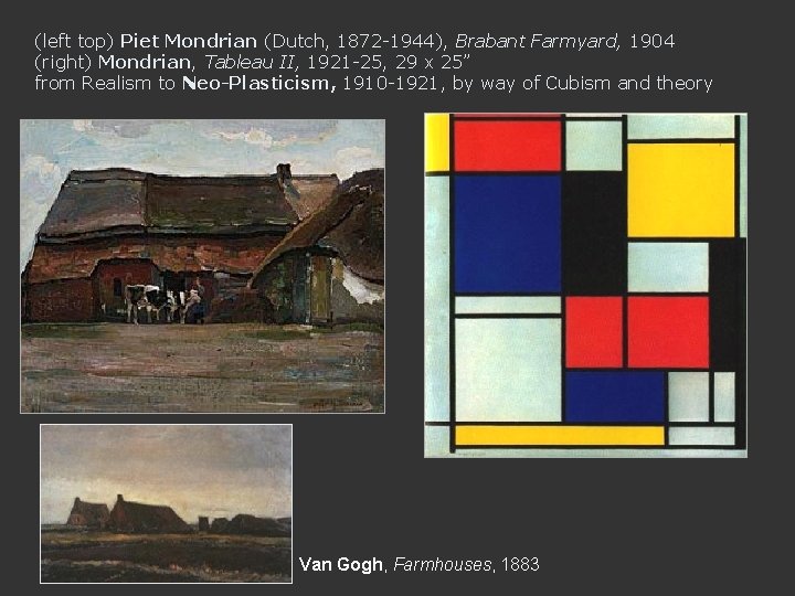 (left top) Piet Mondrian (Dutch, 1872 -1944), Brabant Farmyard, 1904 (right) Mondrian, Tableau II,