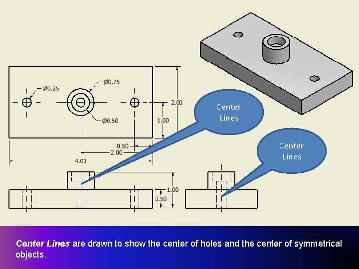 Center Lines are drawn to show the center of holes and the center of