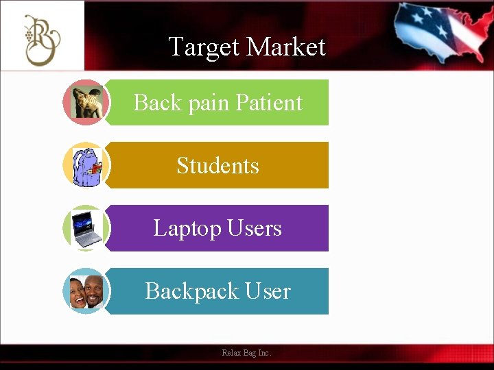 Target Market Back pain Patient Students Laptop Users Backpack User Relax Bag Inc. 