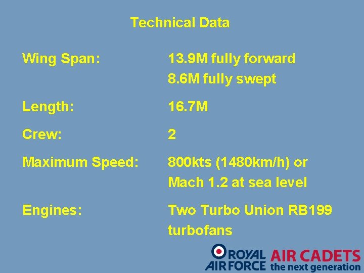 Technical Data Wing Span: 13. 9 M fully forward 8. 6 M fully swept
