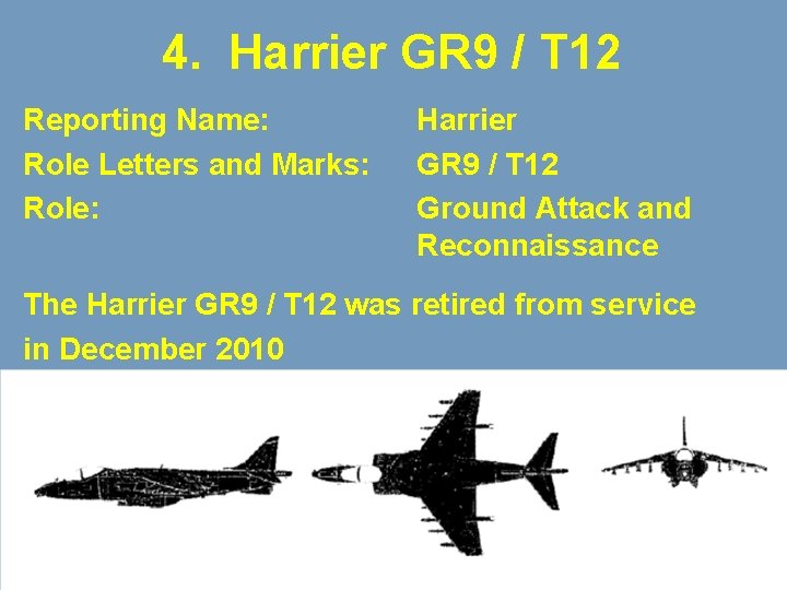 4. Harrier GR 9 / T 12 Reporting Name: Role Letters and Marks: Role: