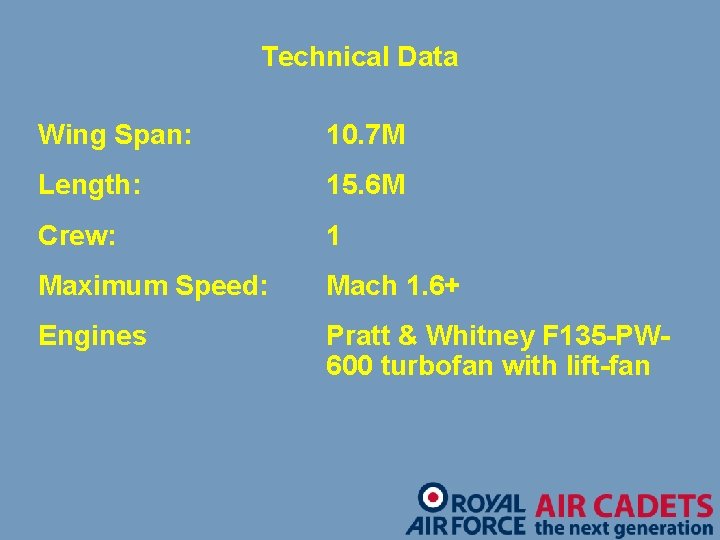 Technical Data Wing Span: 10. 7 M Length: 15. 6 M Crew: 1 Maximum