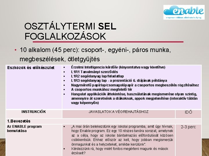 OSZTÁLYTERMI SEL FOGLALKOZÁSOK • 10 alkalom (45 perc): csoport-, egyéni-, páros munka, megbeszélések, ötletgyűjtés