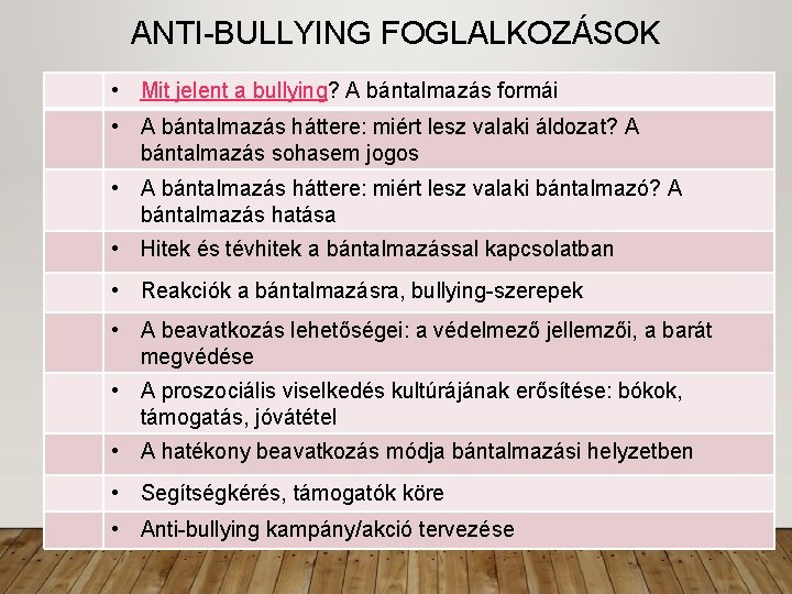 ANTI-BULLYING FOGLALKOZÁSOK • Mit jelent a bullying? A bántalmazás formái • A bántalmazás háttere: