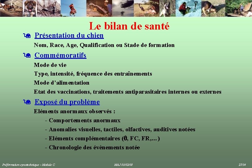 Le bilan de santé Présentation du chien Nom, Race, Age, Qualification ou Stade de