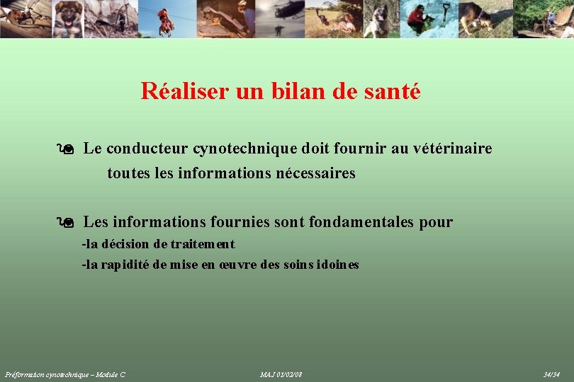 Réaliser un bilan de santé Le conducteur cynotechnique doit fournir au vétérinaire toutes les