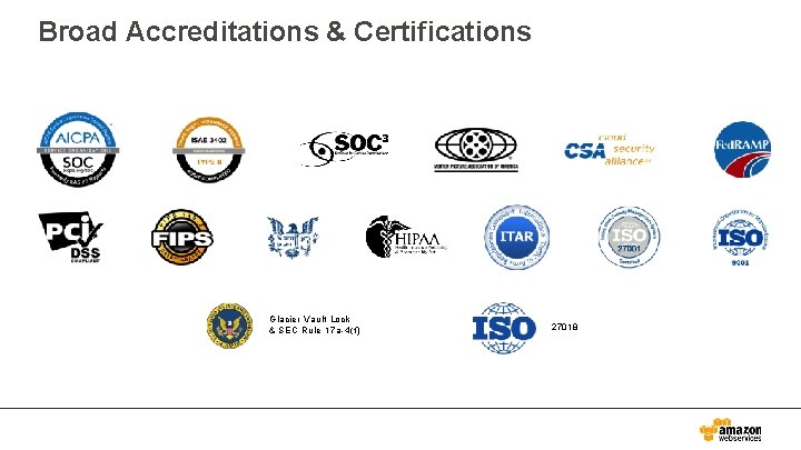 Broad Accreditations & Certifications Glacier Vault Lock & SEC Rule 17 a-4(f) 27018 