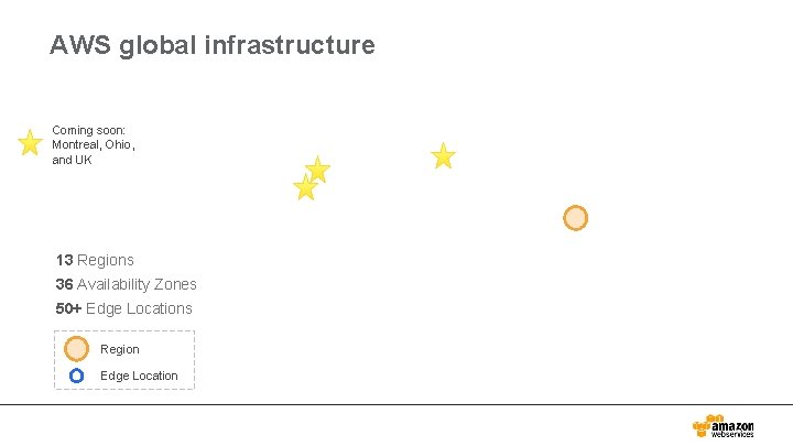 AWS global infrastructure Coming soon: Montreal, Ohio, and UK 13 Regions 36 Availability Zones