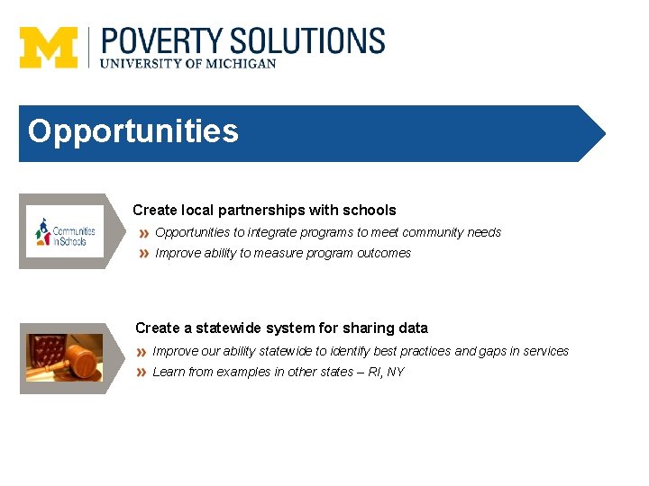 Opportunities Create local partnerships with schools Opportunities to integrate programs to meet community needs