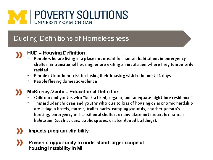 Dueling Definitions of Homelessness HUD – Housing Definition • People who are living in