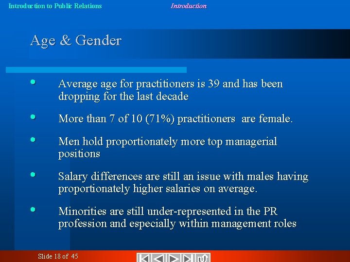 Introduction to Public Relations Introduction Age & Gender • Average for practitioners is 39