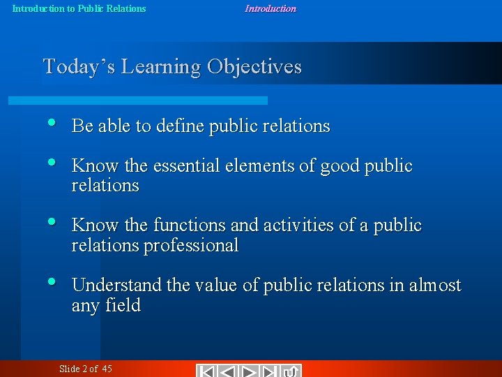 Introduction to Public Relations Introduction Today’s Learning Objectives • • Be able to define