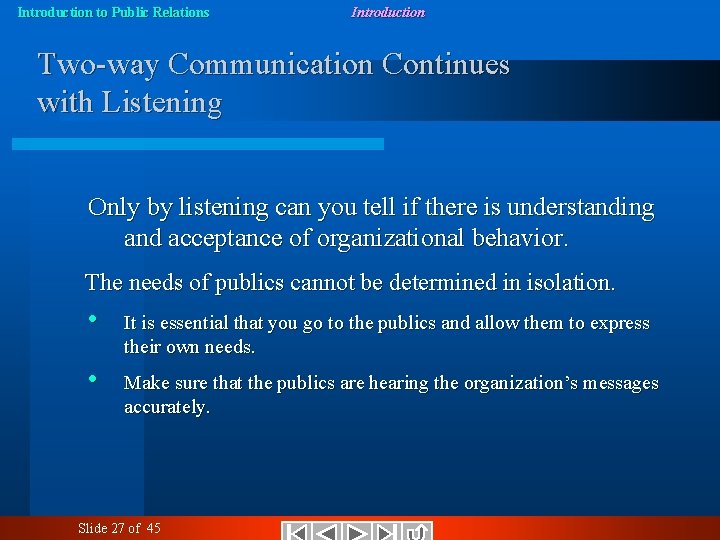 Introduction to Public Relations Introduction Two-way Communication Continues with Listening Only by listening can