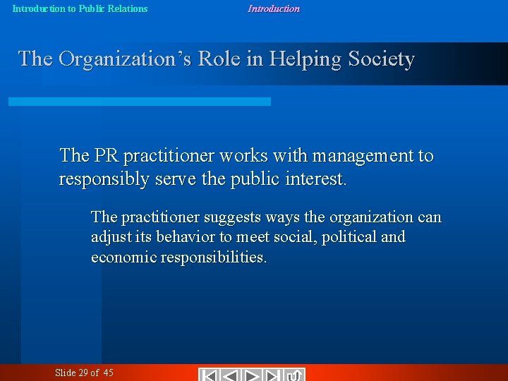 Introduction to Public Relations Introduction The Organization’s Role in Helping Society The PR practitioner