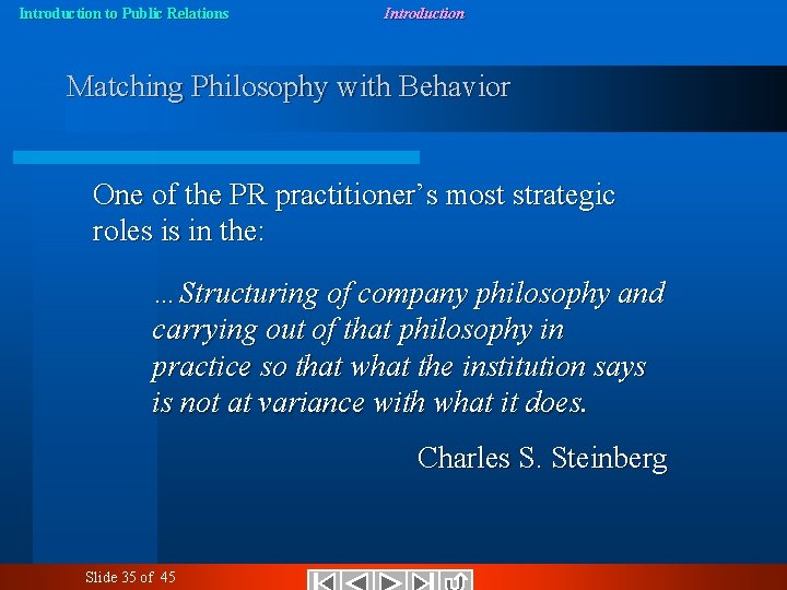 Introduction to Public Relations Introduction Matching Philosophy with Behavior One of the PR practitioner’s