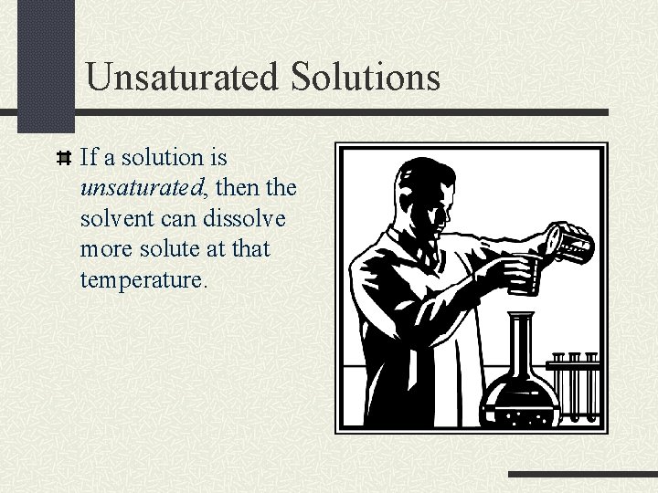 Unsaturated Solutions If a solution is unsaturated, then the solvent can dissolve more solute Unsaturated Solutions If a solution is unsaturated, then the solvent can dissolve more solute
