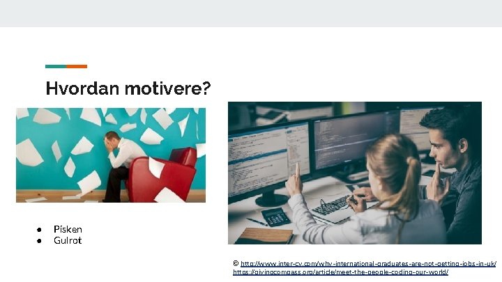 Hvordan motivere? ● ● Pisken Gulrot © http: //www. inter-cv. com/why-international-graduates-are-not-getting-jobs-in-uk/ https: //givingcompass. org/article/meet-the-people-coding-our-world/