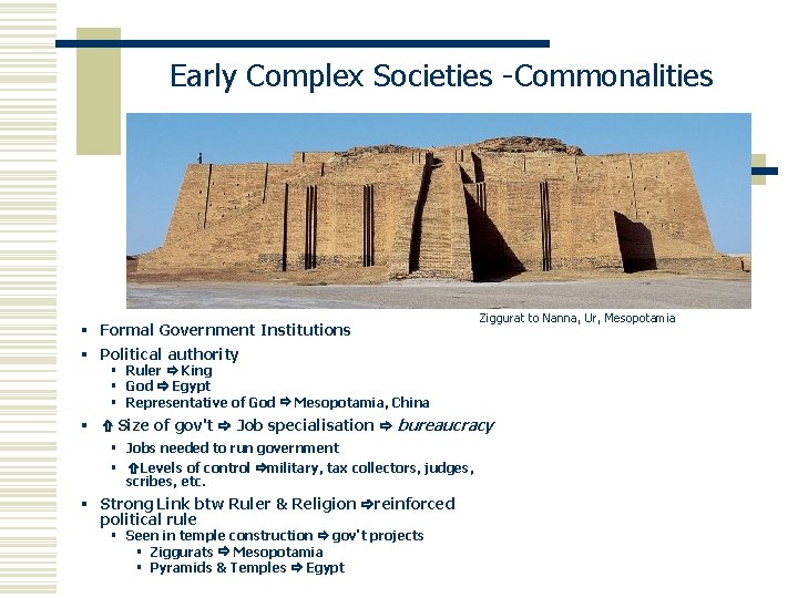 Early Complex Societies -Commonalities § Formal Government Institutions Ziggurat to Nanna, Ur, Mesopotamia §