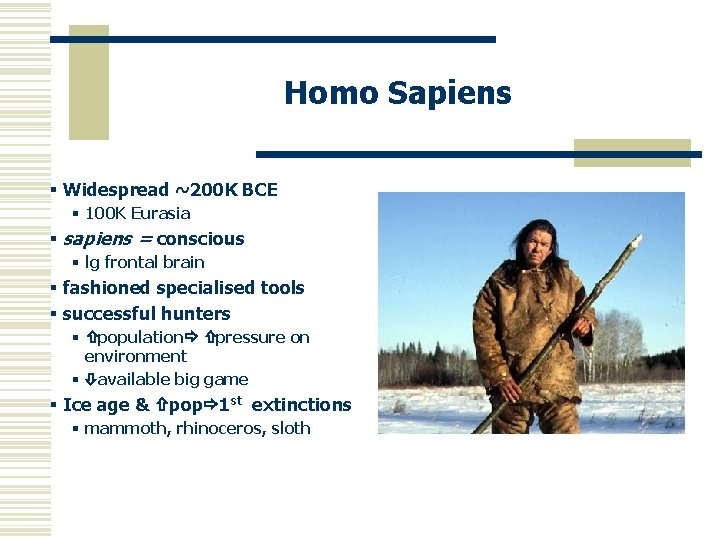 Homo Sapiens § Widespread ~200 K BCE § 100 K Eurasia § sapiens =