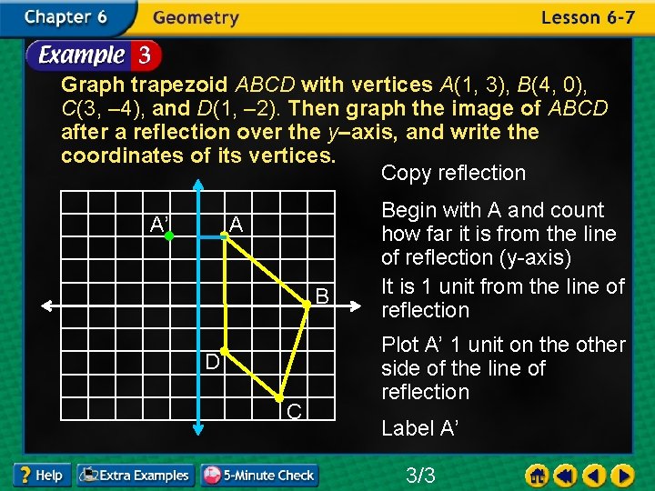 Graph trapezoid ABCD with vertices A(1, 3), B(4, 0), C(3, – 4), and D(1,