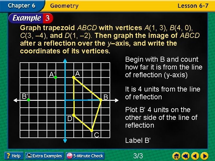 Graph trapezoid ABCD with vertices A(1, 3), B(4, 0), C(3, – 4), and D(1,