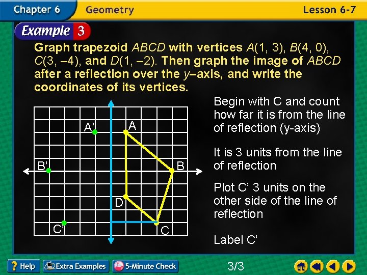 Graph trapezoid ABCD with vertices A(1, 3), B(4, 0), C(3, – 4), and D(1,