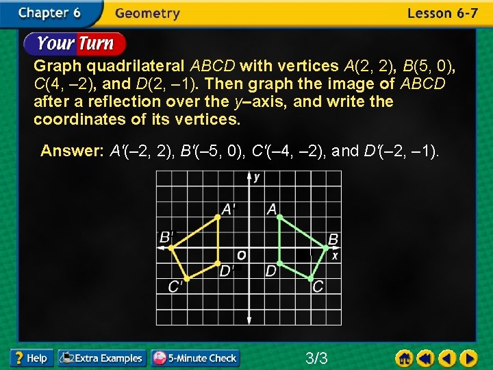 Graph quadrilateral ABCD with vertices A(2, 2), B(5, 0), C(4, – 2), and D(2,
